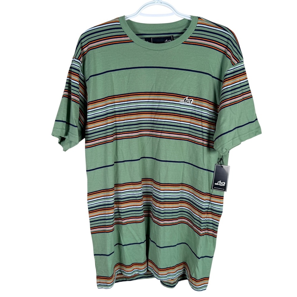 Lost Enterprises T-Shirt Mens L Green Striped Short Sleeve Cotton Surf Tee NEW